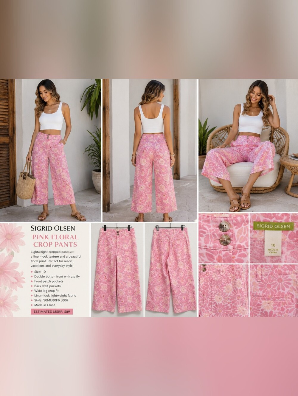 Sigrid Olsen Pink Floral Crop Wide Leg Pants Size 10 Resort Coastal Cottage - Picture 2 of 10